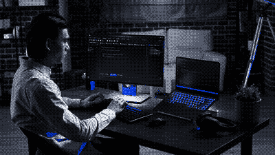 Pixel-art illustration of a developer at work