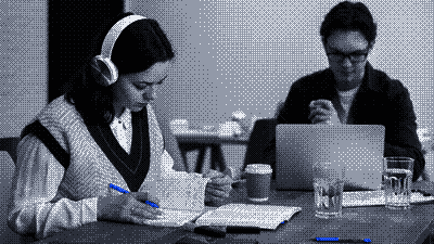 Pixel-art illustration of a learner studying online